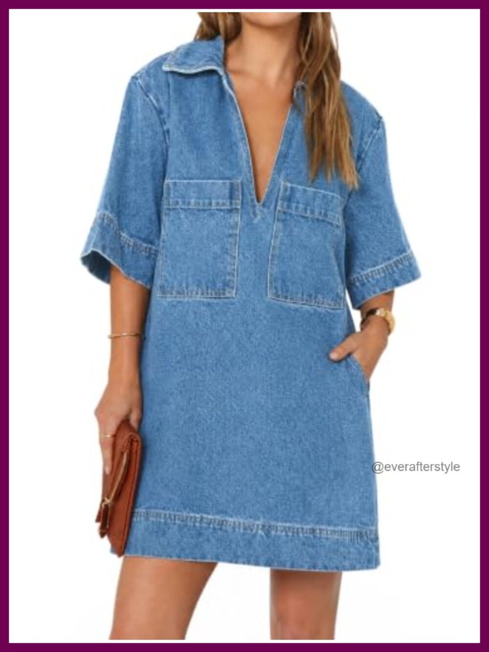 Womens Denim Shirt Dress V Neck Collared Short Sleeve Mini Casual
